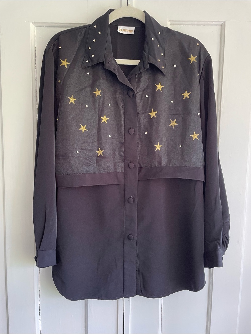 RIO Satin Shirt Women’s M Star Embellished Embroidery Rhinestones Button Down